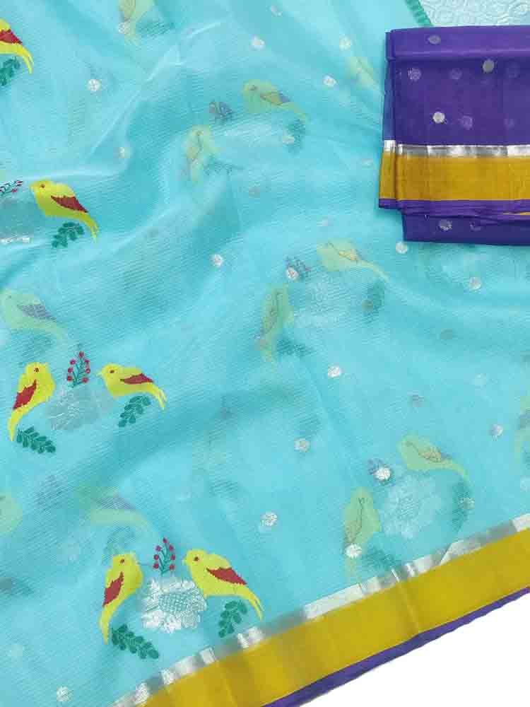 Blue Handloom Kota Doria Real Zari Figure Design Saree - Luxurion World