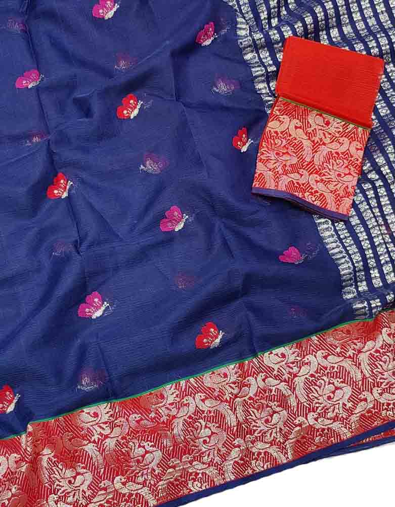 Blue Handloom Kota Doria Real Zari Figure Design Saree - Luxurion World