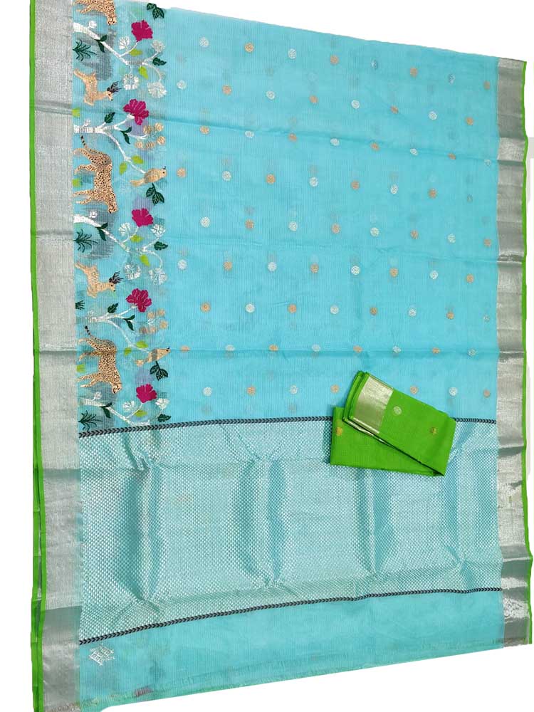 Blue Handloom Kota Doria Real Zari Figure Work Saree - Luxurion World