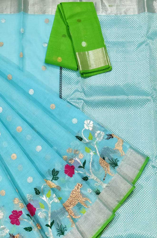 Blue Handloom Kota Doria Real Zari Figure Work Saree - Luxurion World