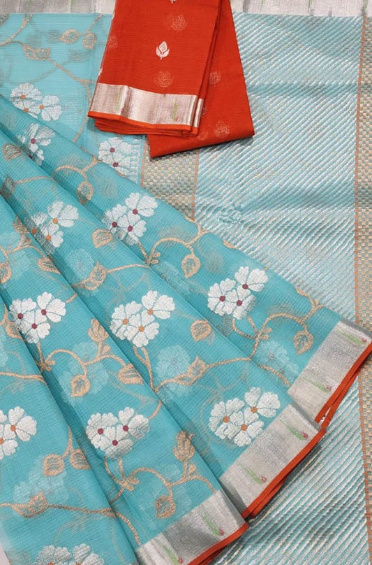 Blue Handloom Kota Doria Real Zari Flower Design Saree - Luxurion World
