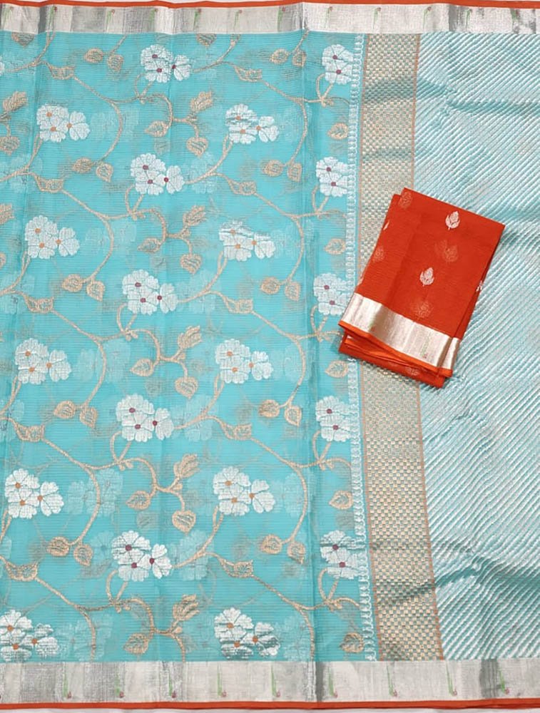 Blue Handloom Kota Doria Real Zari Flower Design Saree - Luxurion World