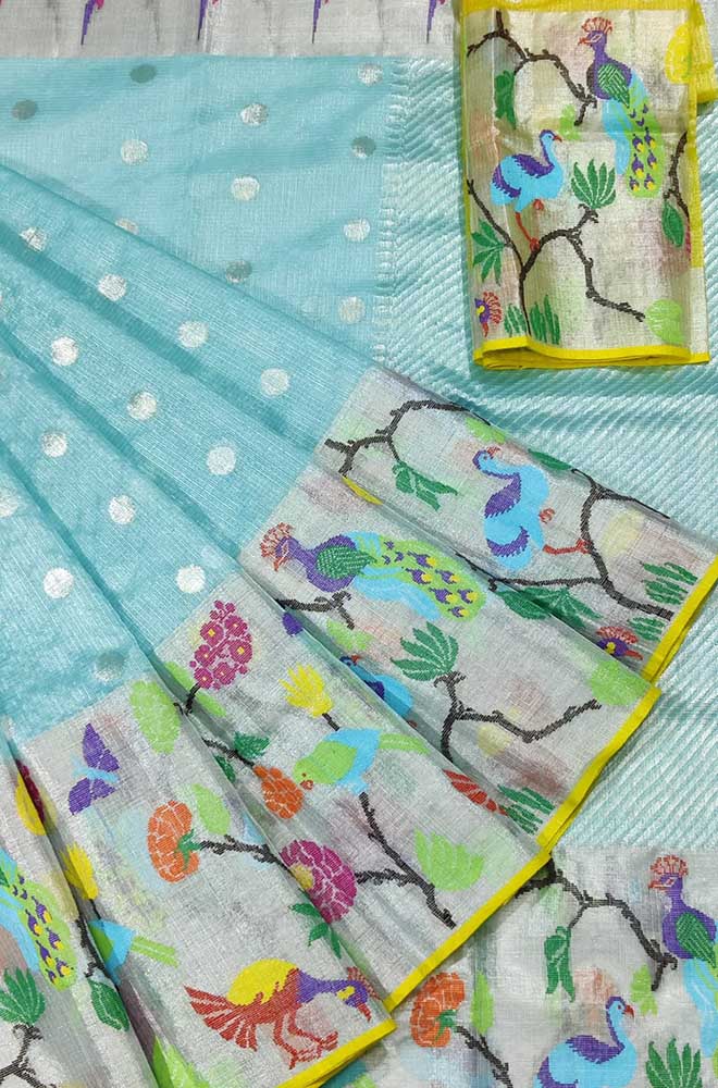 Blue Handloom Kota Doria Real Zari Saree - Luxurion World