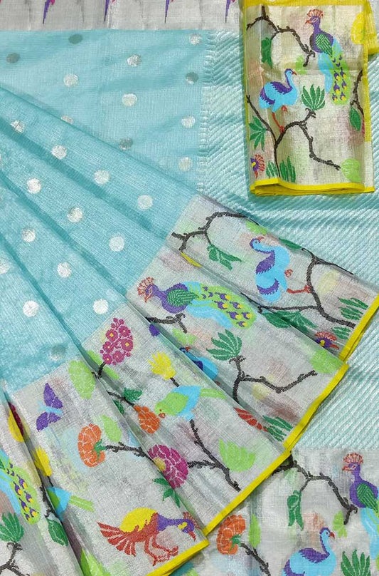 Blue Handloom Kota Doria Real Zari Saree - Luxurion World