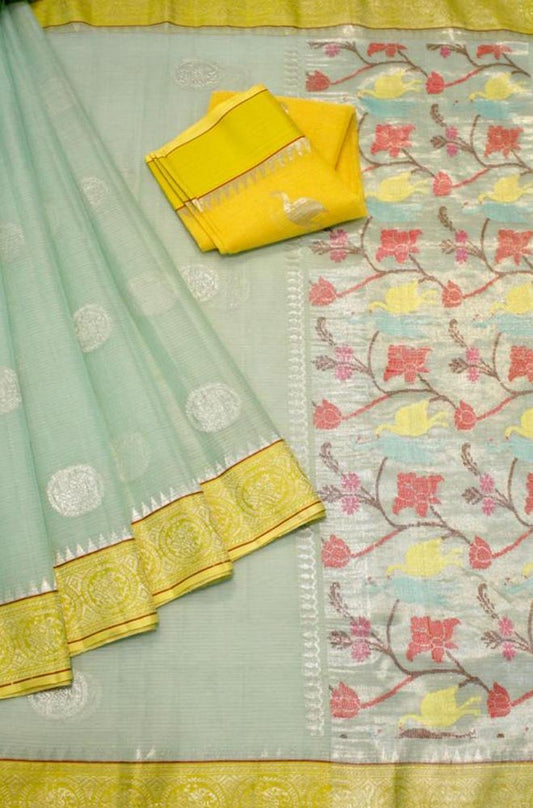 Blue Handloom Kota Doria Real Zari Saree - Luxurion World