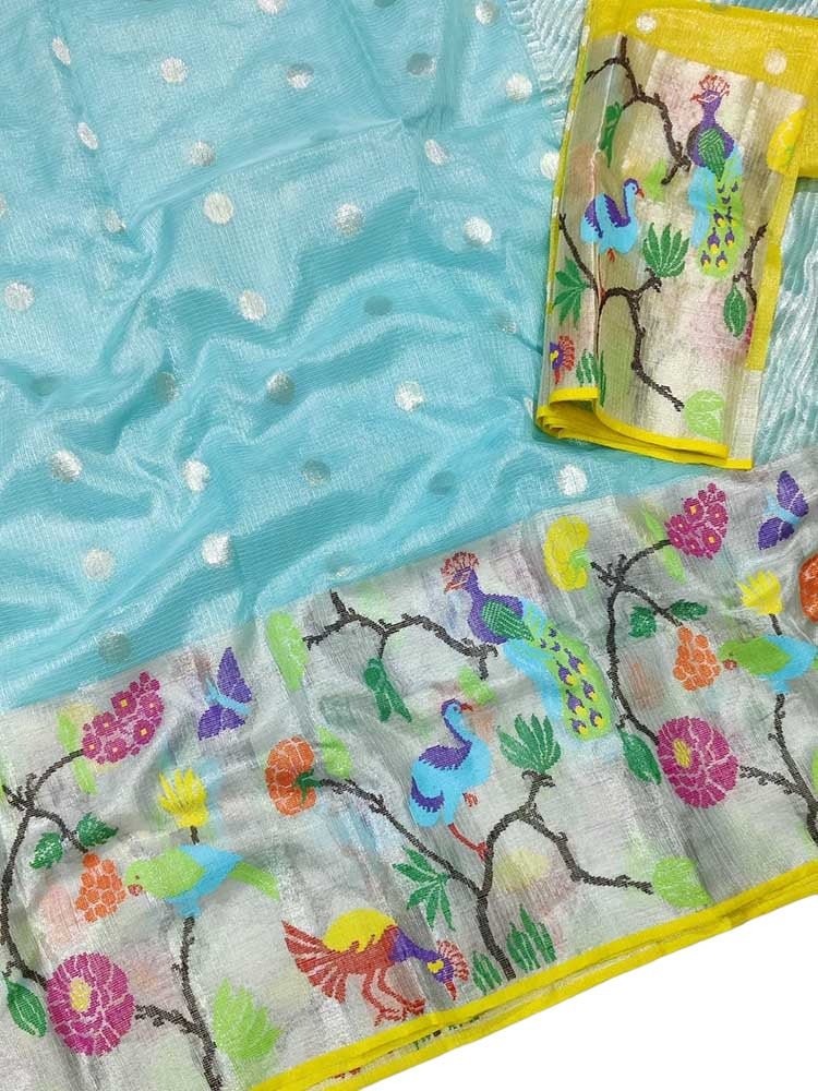Blue Handloom Kota Doria Real Zari Saree - Luxurion World