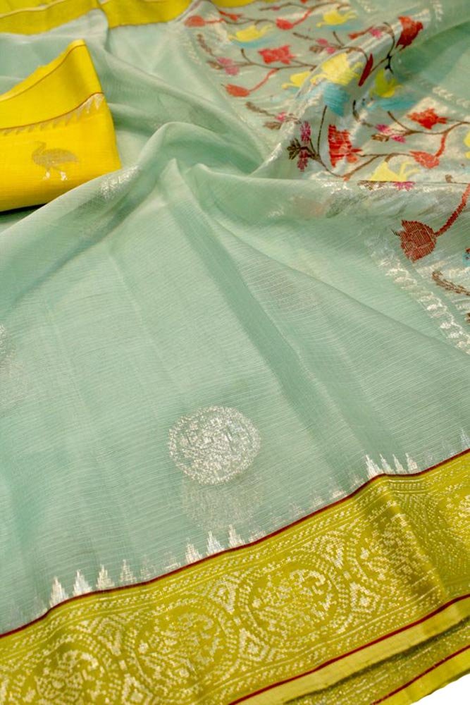 Blue Handloom Kota Doria Real Zari Saree - Luxurion World