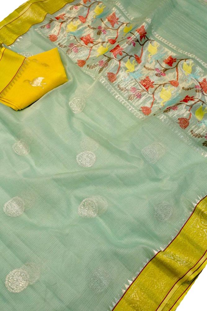 Blue Handloom Kota Doria Real Zari Saree - Luxurion World