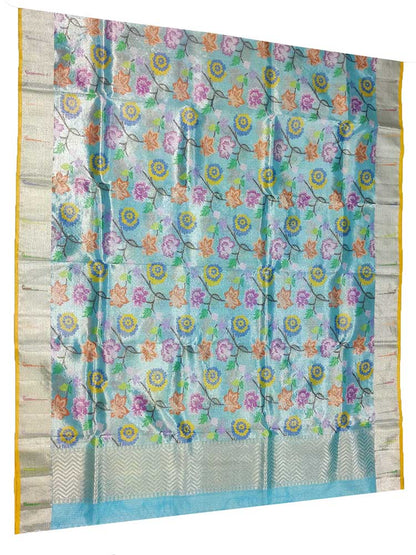 Blue Handloom Kota Doria Tissue Silk Real Zari Floral Design Dupatta - Luxurion World