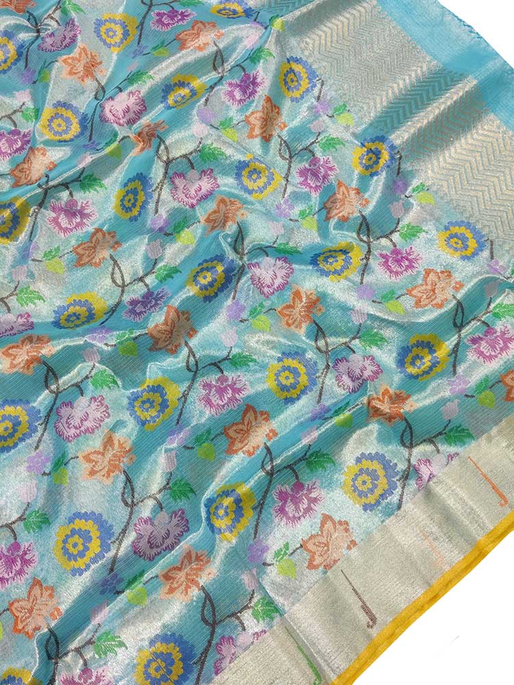 Blue Handloom Kota Doria Tissue Silk Real Zari Floral Design Dupatta - Luxurion World