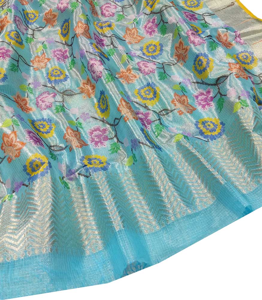 Blue Handloom Kota Doria Tissue Silk Real Zari Floral Design Dupatta - Luxurion World