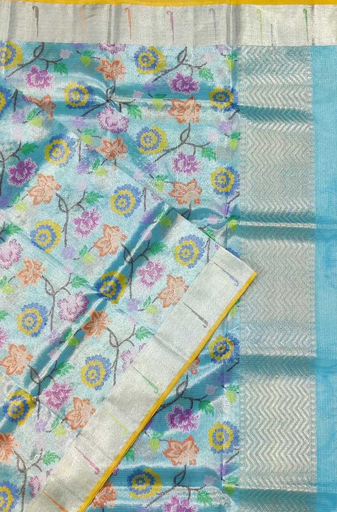 Blue Handloom Kota Doria Tissue Silk Real Zari Floral Design Dupatta - Luxurion World