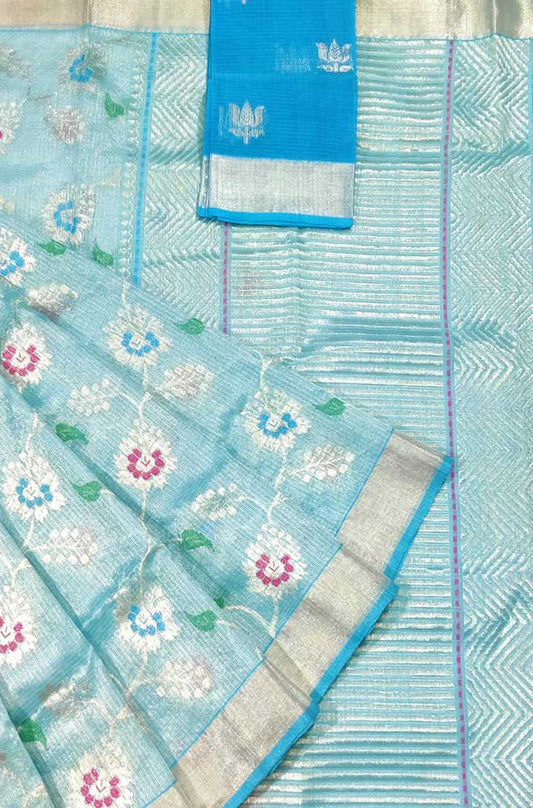 Blue Handloom Kota Doria Tissue Silk Real Zari Meenakari Saree - Luxurion World