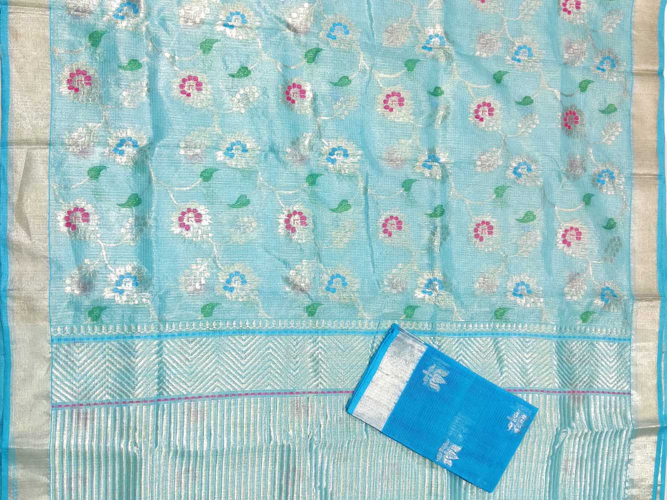 Blue Handloom Kota Doria Tissue Silk Real Zari Meenakari Saree - Luxurion World