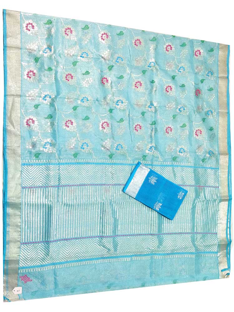Blue Handloom Kota Doria Tissue Silk Real Zari Meenakari Saree - Luxurion World