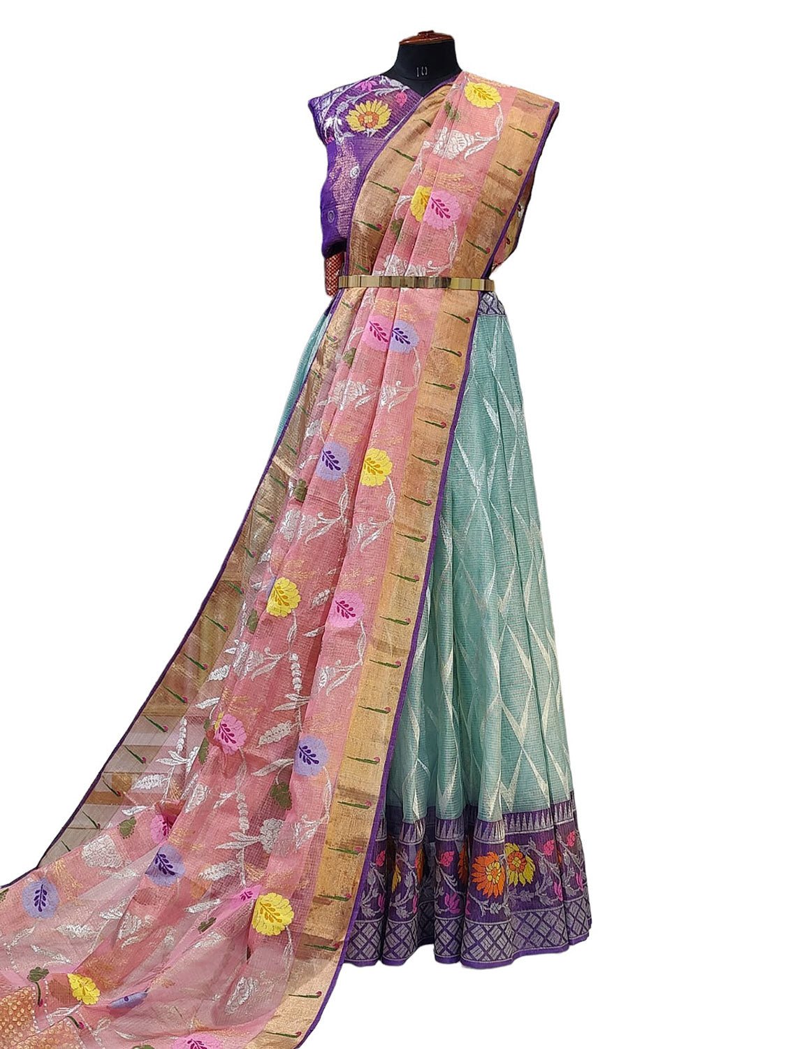 Blue Handloom Kota Doria Tissue Silk Unstitched Lehenga Set - Luxurion World