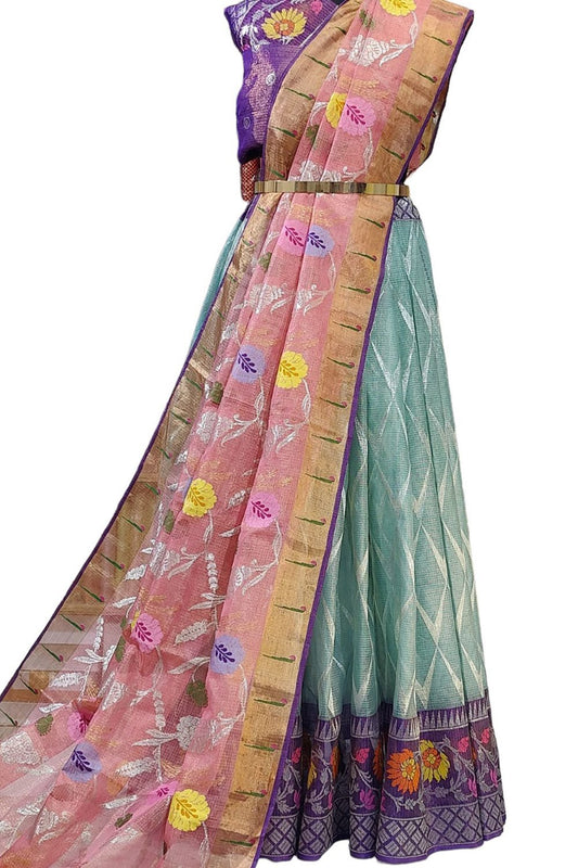 Blue Handloom Kota Doria Tissue Silk Unstitched Lehenga Set - Luxurion World