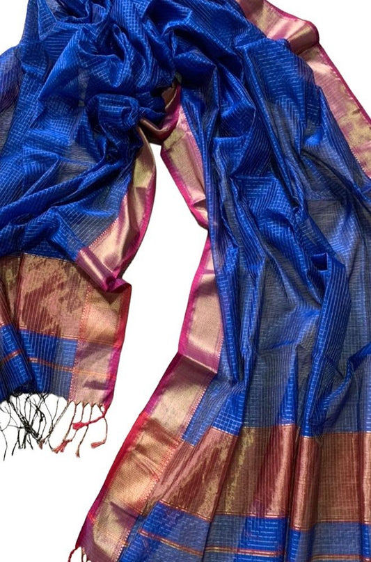 Blue Handloom Maheshwari Silk Cotton Dupatta - Luxurion World