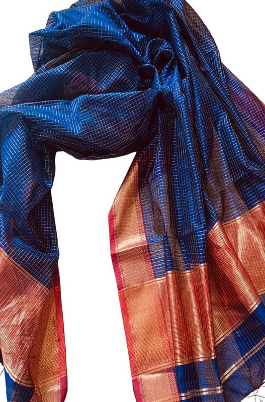 Blue Handloom Maheshwari Silk Cotton Dupatta - Luxurion World