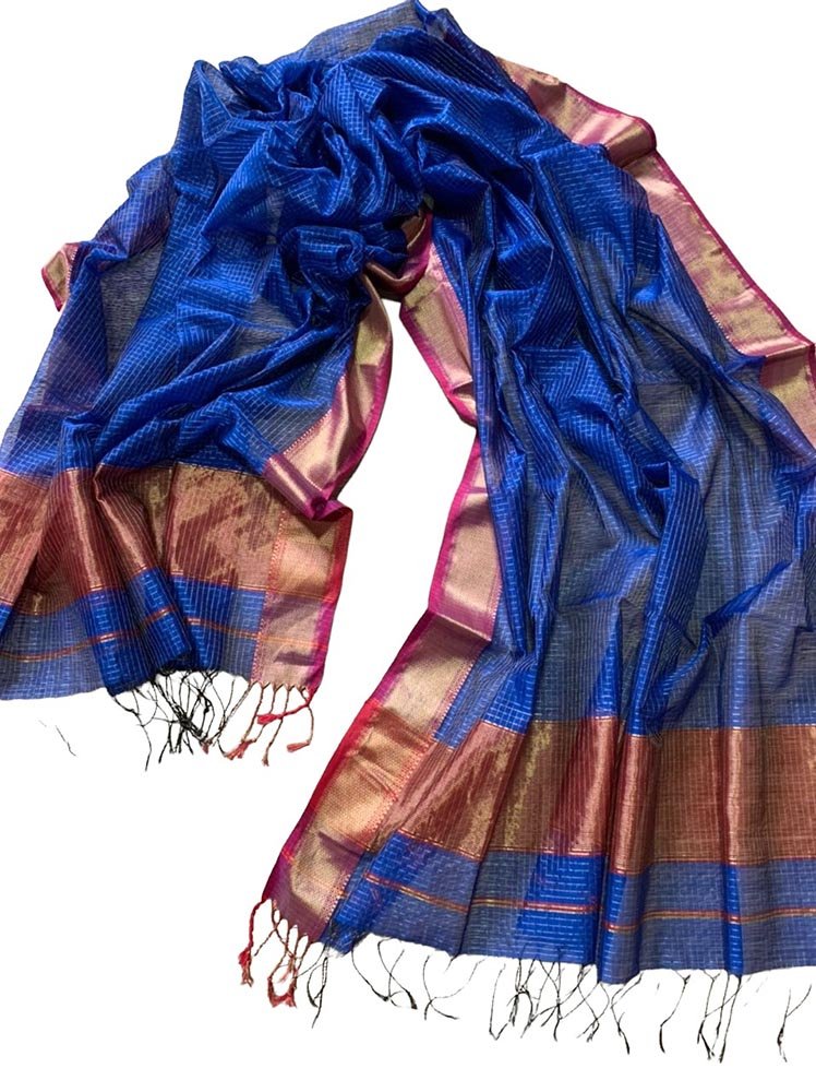 Blue Handloom Maheshwari Silk Cotton Dupatta - Luxurion World