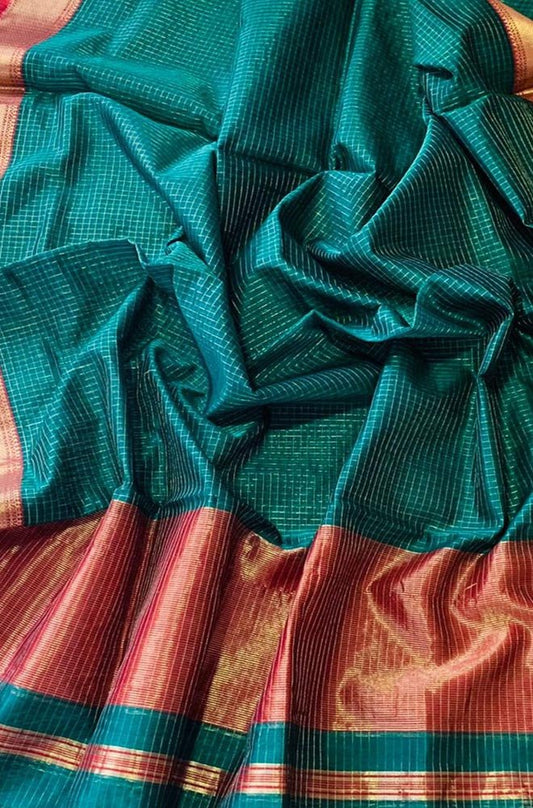 Blue Handloom Maheshwari Silk Cotton Dupatta - Luxurion World