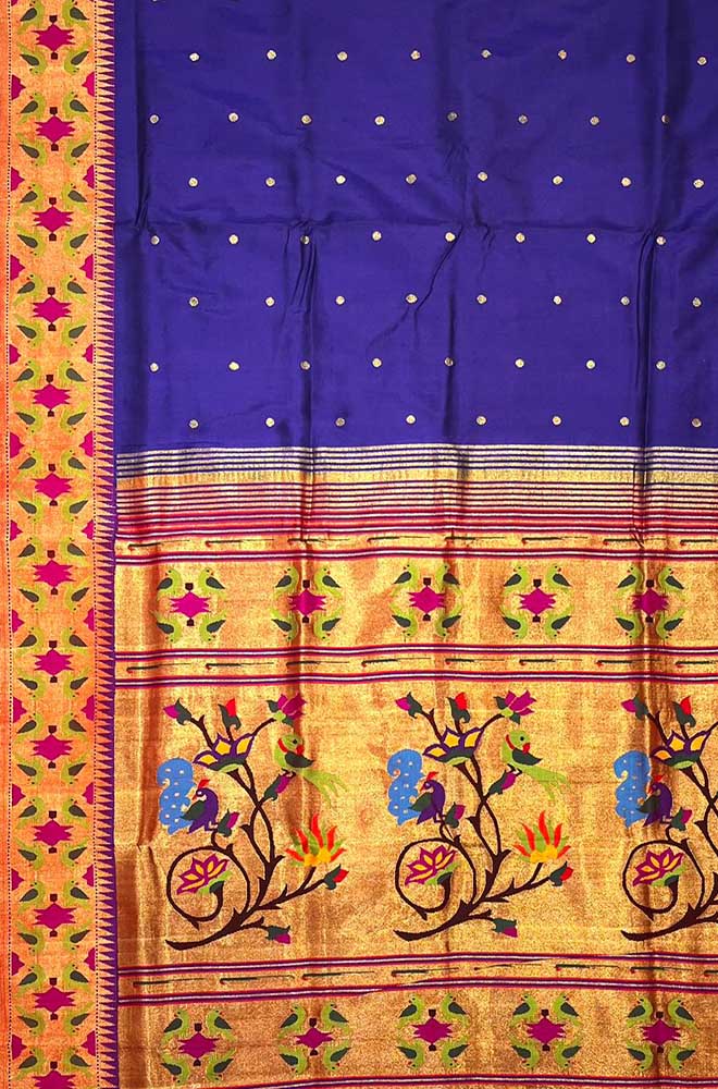 Blue Handloom Paithani Pure Silk Bird & Floral Design Saree - Luxurion World