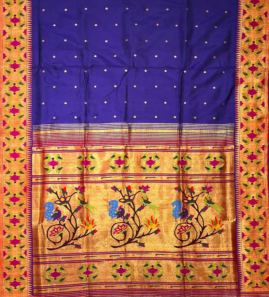 Blue Handloom Paithani Pure Silk Bird & Floral Design Saree - Luxurion World