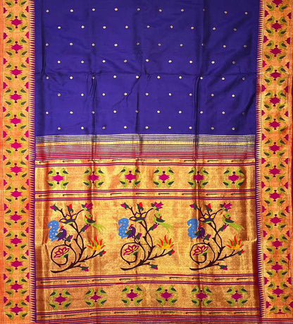 Blue Handloom Paithani Pure Silk Bird & Floral Design Saree - Luxurion World
