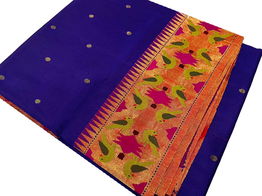 Blue Handloom Paithani Pure Silk Bird & Floral Design Saree - Luxurion World