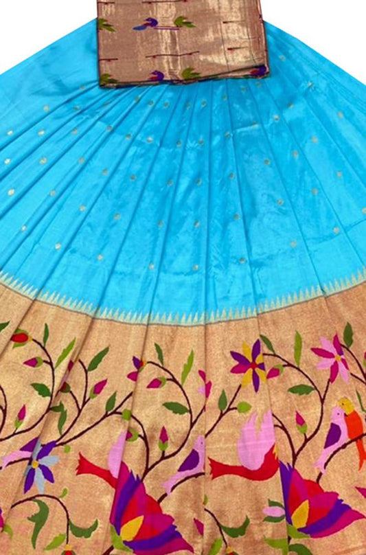 Blue Handloom Paithani Pure Silk Lehenga Fabric - Luxurion World
