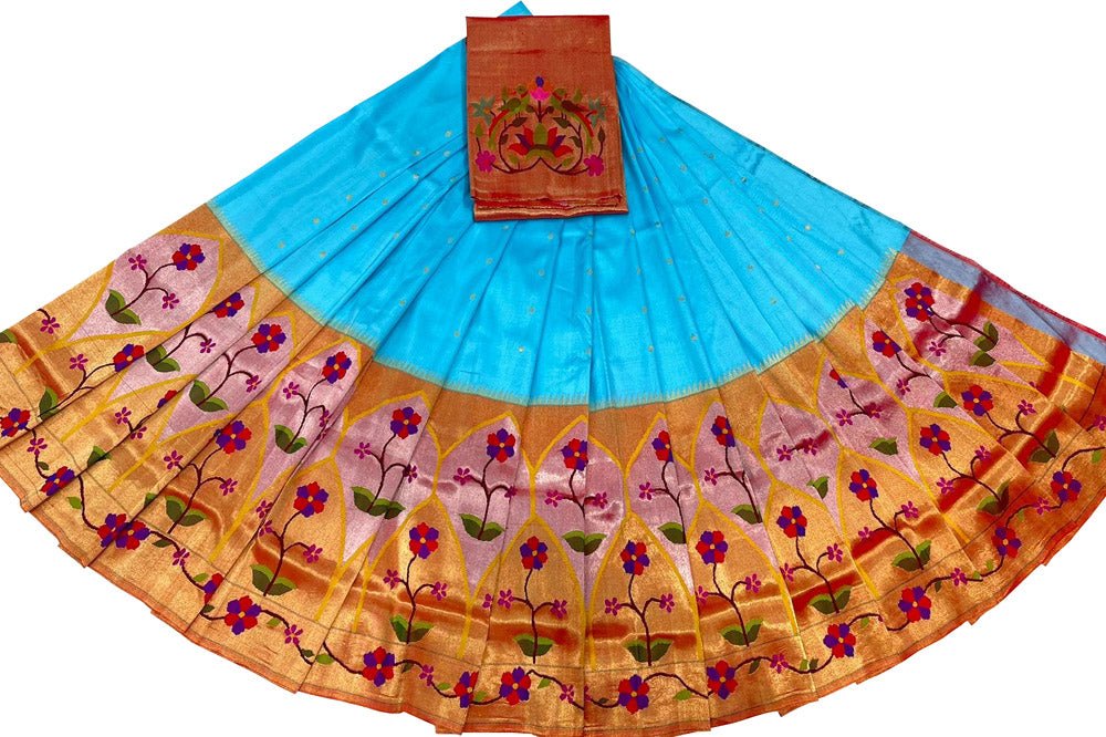 Blue Handloom Paithani Pure Silk Lehenga Fabric