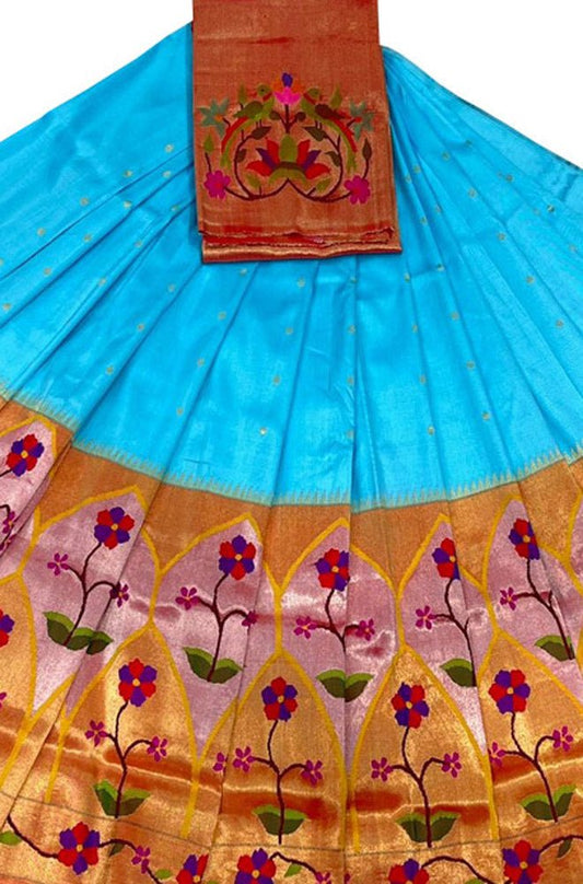 Blue Handloom Paithani Pure Silk Lehenga Fabric - Luxurion World