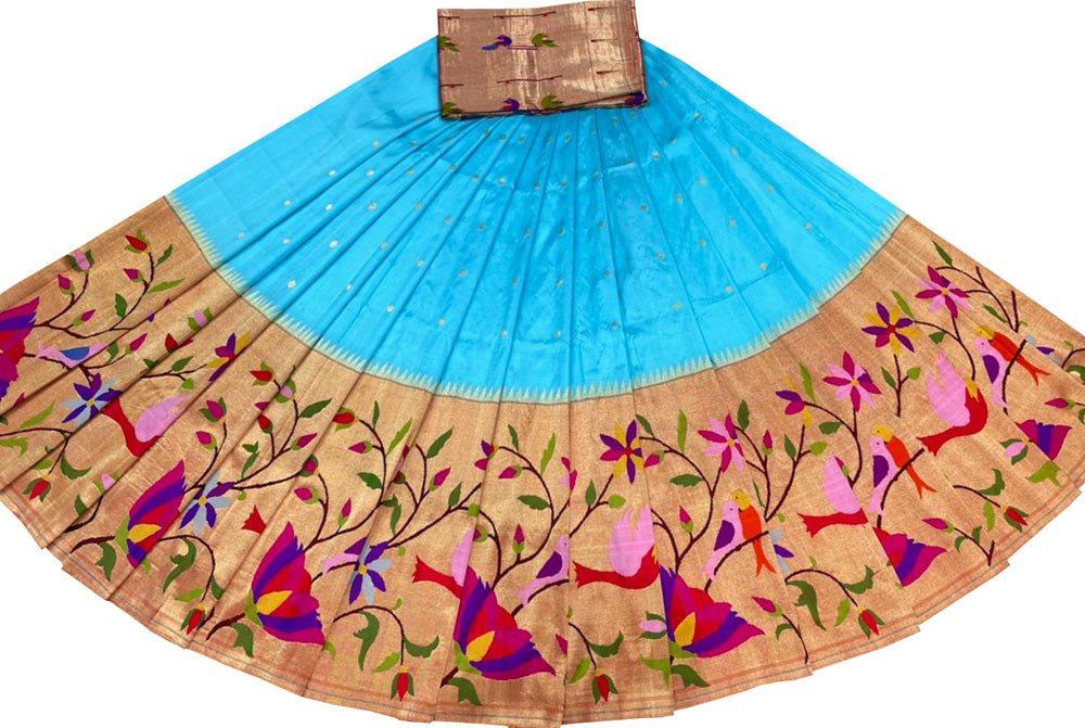Blue Handloom Paithani Pure Silk Lehenga Fabric - Luxurion World