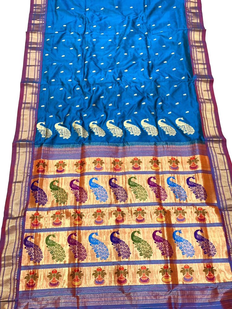 Blue Handloom Paithani Pure Silk Saree - Luxurion World