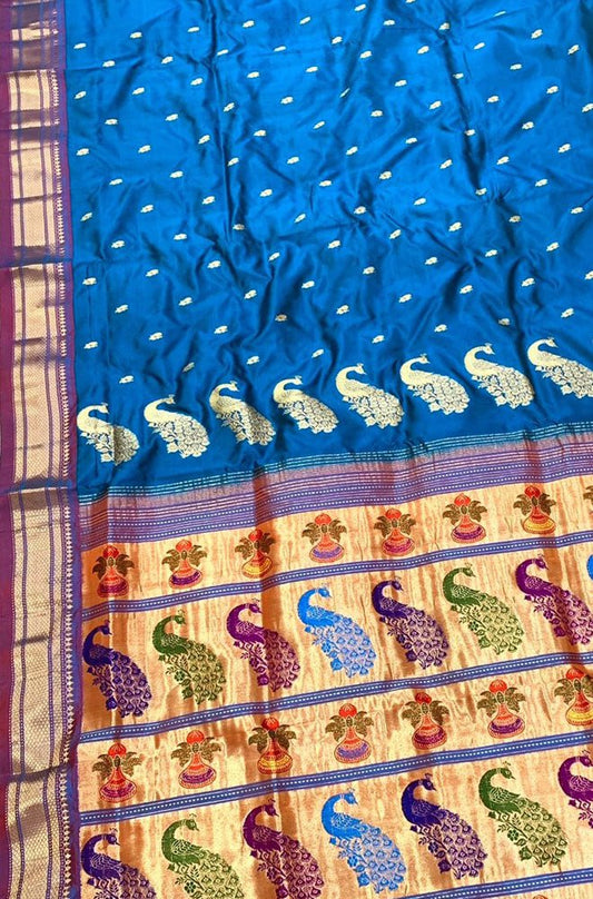 Blue Handloom Paithani Pure Silk Saree - Luxurion World