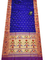 Blue Handloom Paithani Pure Silk Triple Muniya Border Peacock Design Saree - Luxurion World