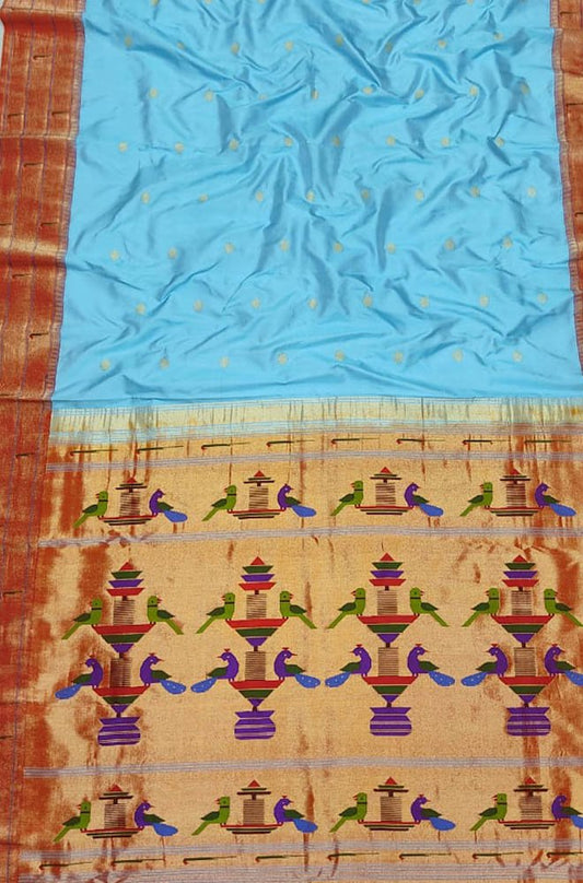Blue Handloom Paithani Pure Silk Triple Muniya Border Peacock Design Saree - Luxurion World