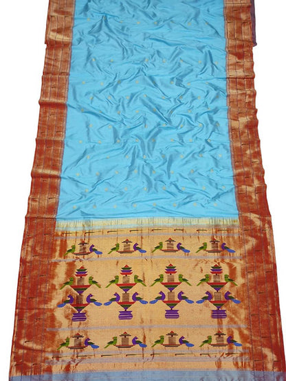 Blue Handloom Paithani Pure Silk Triple Muniya Border Peacock Design Saree - Luxurion World