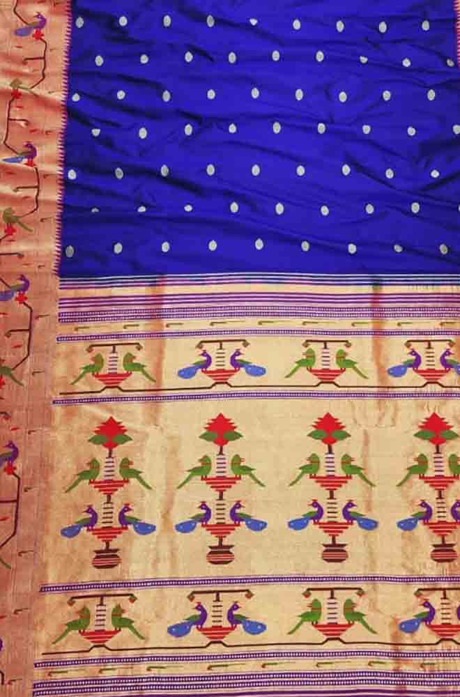 Blue Handloom Paithani Pure Silk Triple Muniya Border Peacock Design Saree - Luxurion World