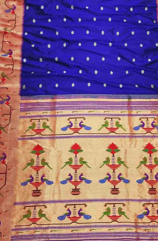 Blue Handloom Paithani Pure Silk Triple Muniya Border Peacock Design Saree - Luxurion World