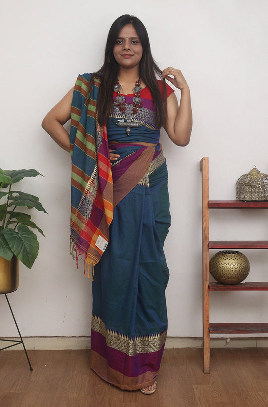Blue Handloom Plain Bengal Cotton Saree - Luxurion World