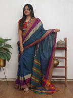 Blue Handloom Plain Bengal Cotton Saree - Luxurion World