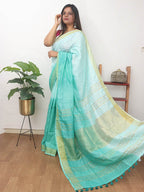Blue Handloom Pure Linen Shaded Dye Saree - Luxurion World