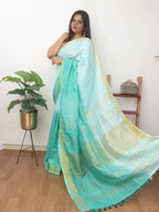Blue Handloom Pure Linen Shaded Dye Saree - Luxurion World