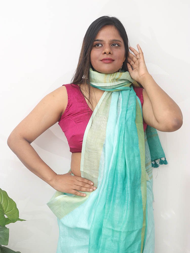 Blue Handloom Pure Linen Shaded Dye Saree - Luxurion World