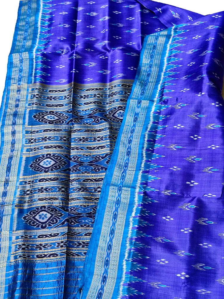 Blue Handloom Sambalpuri Double Ikat Silk Saree - Luxurion World
