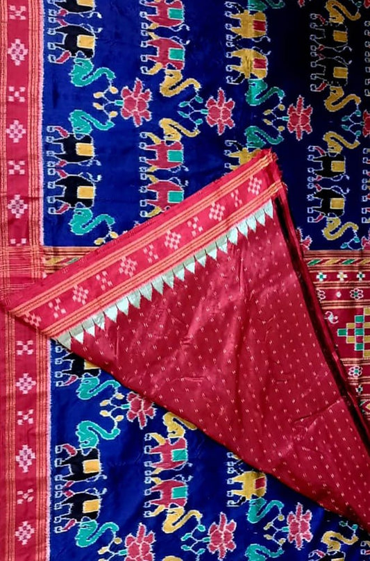 Blue Handloom Sambalpuri Double Ikat Silk Saree - Luxurion World