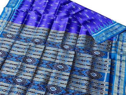 Blue Handloom Sambalpuri Double Ikat Silk Saree - Luxurion World