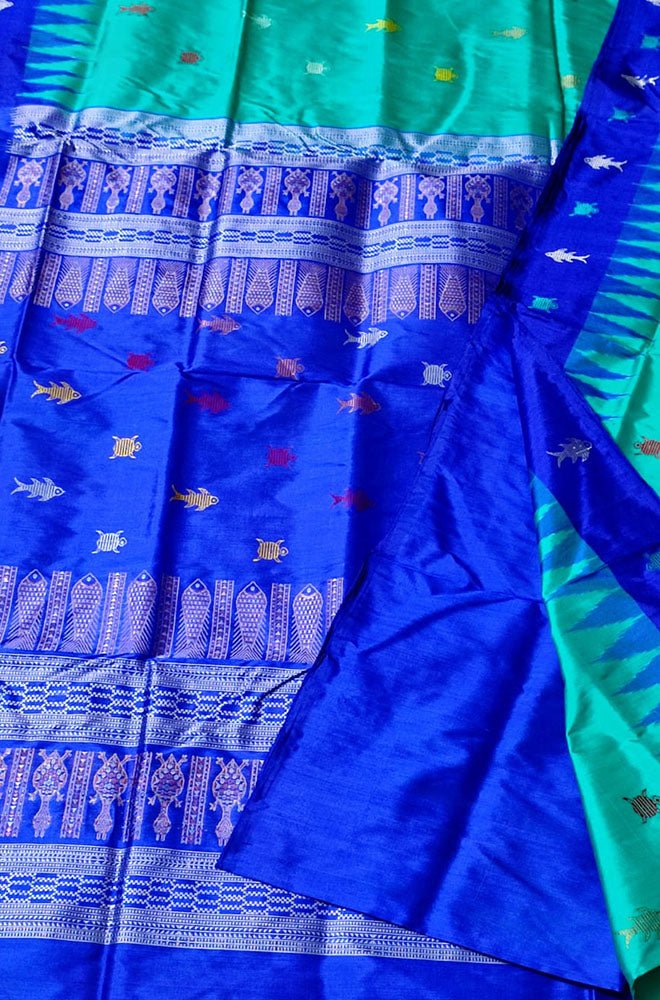 Blue Handloom Sambalpuri Double Ikat Silk Saree - Luxurion World