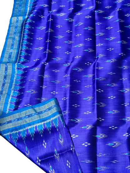 Blue Handloom Sambalpuri Double Ikat Silk Saree - Luxurion World